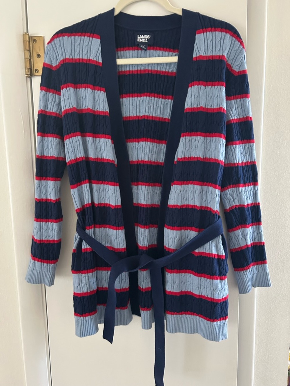 Lands' End Navy, Light Blue & Red Striped Cable-Knit Belted Cardigan